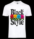 Blackstyle In Bloom Tee - distressed Black Style typography with multicolor roses and butterfly on white tee, BLACKSTYLE DC