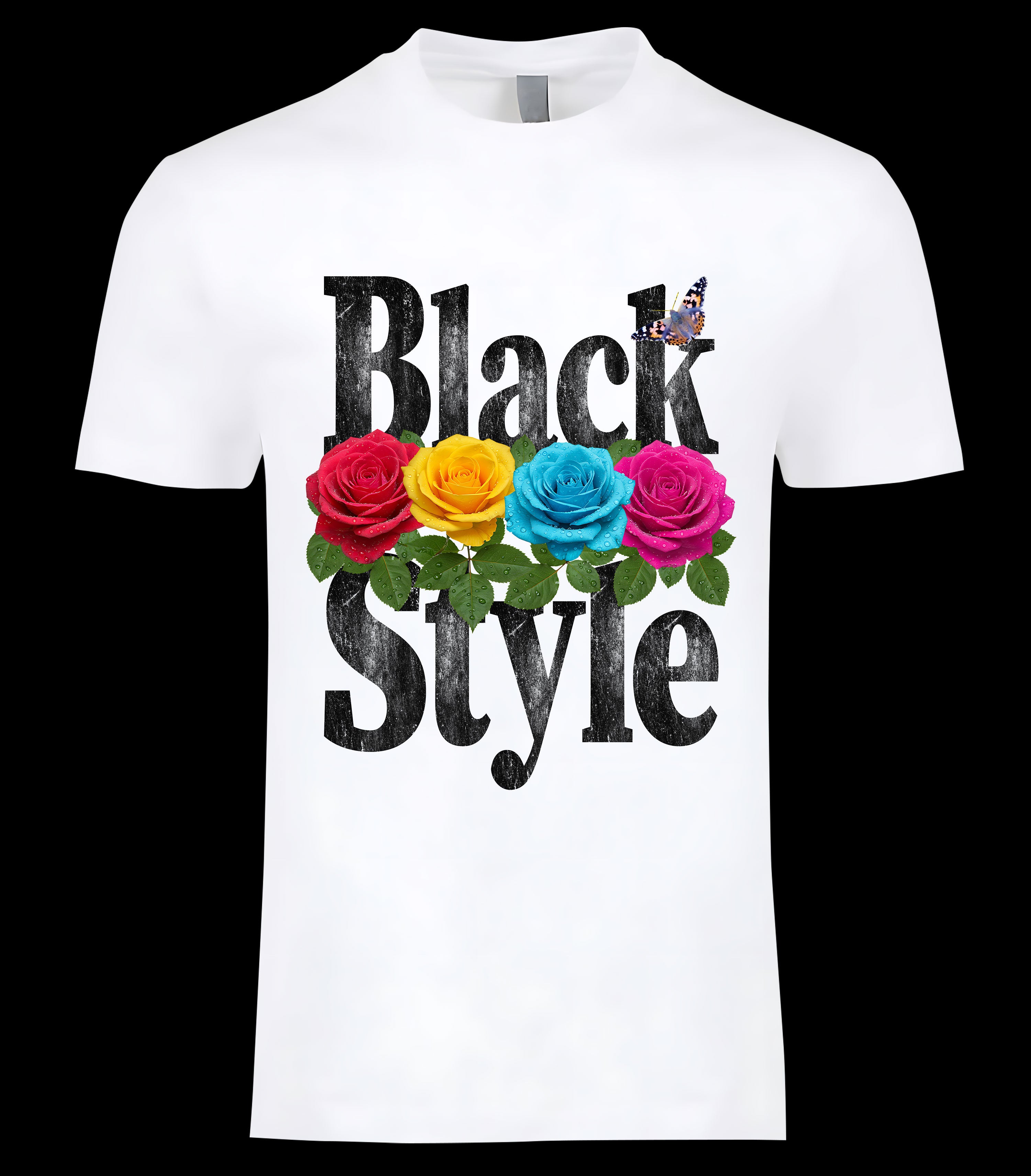 Blackstyle In Bloom Tee - distressed Black Style typography with multicolor roses and butterfly on white tee, BLACKSTYLE DC