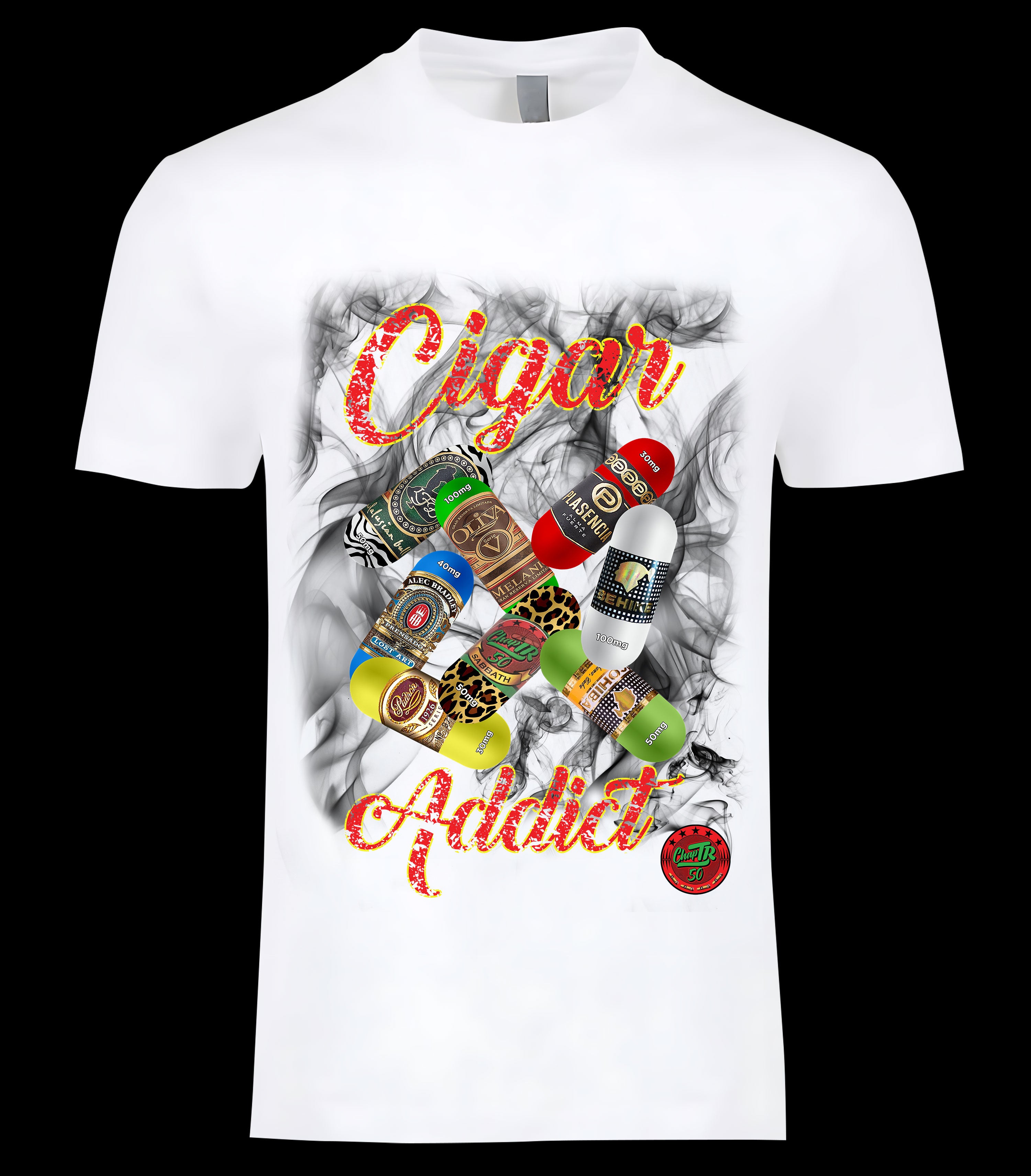 Cigar Addict Tee - cigar band collage in smoke graphic on white tee, ChapTR 50 x BLACKSTYLE DC collab