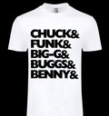 Chuck & Funk & Big-G & Buggs & Benny & Tee - Go-Go music tribute graphic on white tee