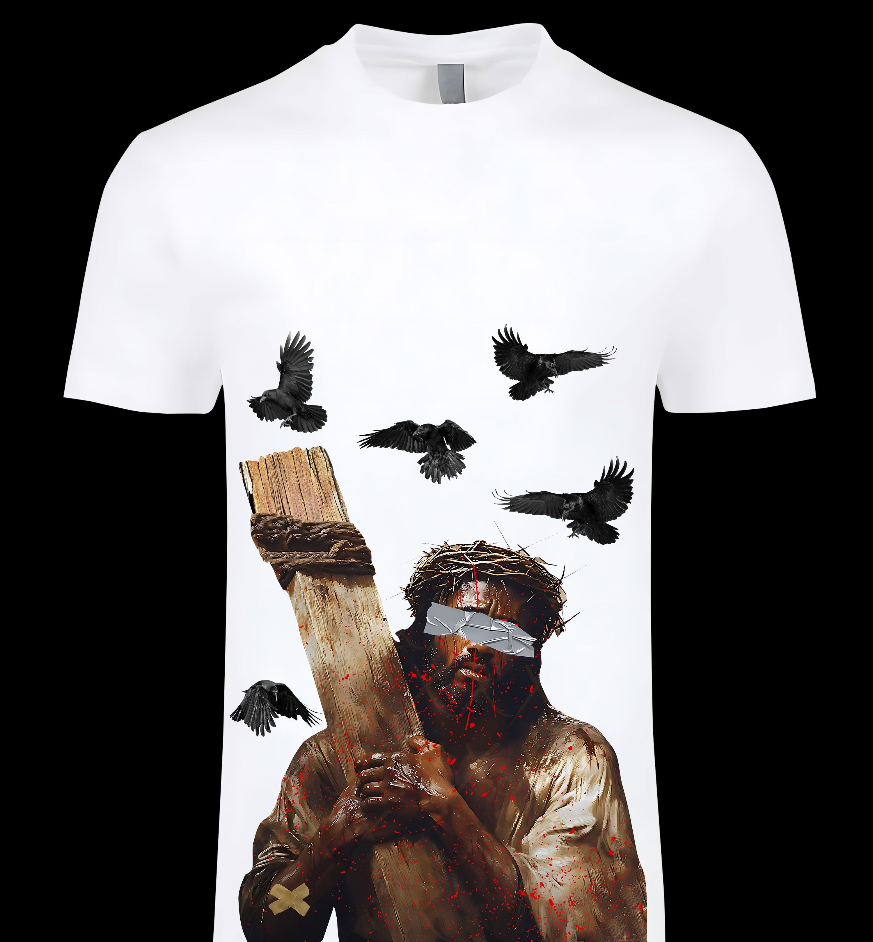 Carry The Cross Tee - crucifixion tribute graphic with ravens on white tee, BLACKSTYLE DC