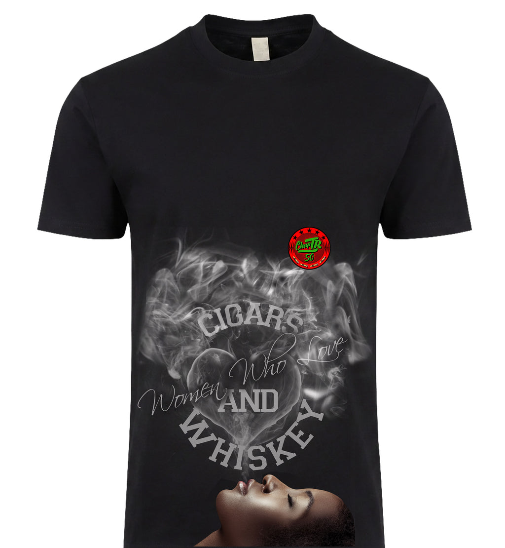 Cigars Women and Whiskey Tee black - smoke and face graphic, ChapTR 50 x BLACKSTYLE DC collab