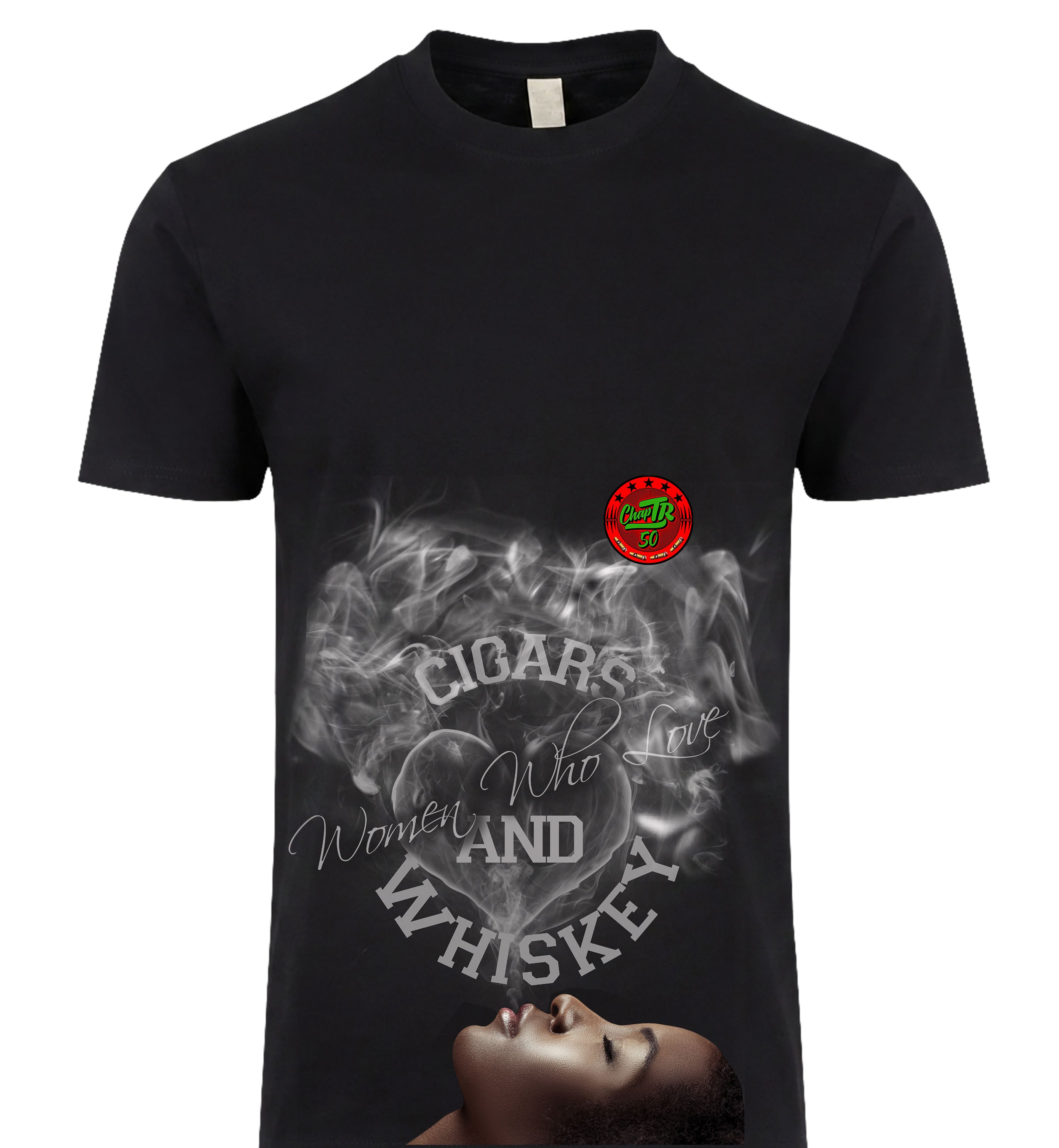 Cigars Women and Whiskey Tee black - smoke and face graphic, ChapTR 50 x BLACKSTYLE DC collab