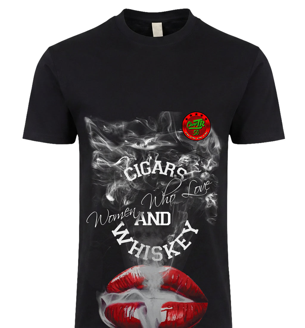 Cigars Women and Whiskey Tee black - smoke and red lips graphic, ChapTR 50 x BLACKSTYLE DC collab