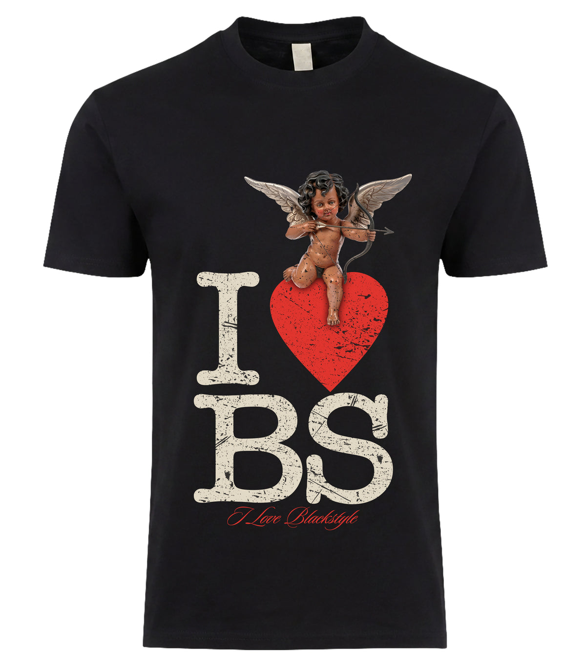 I Love BS Cupid Edition Tee - distressed cherub and red heart graphic on black tee, BLACKSTYLE DC