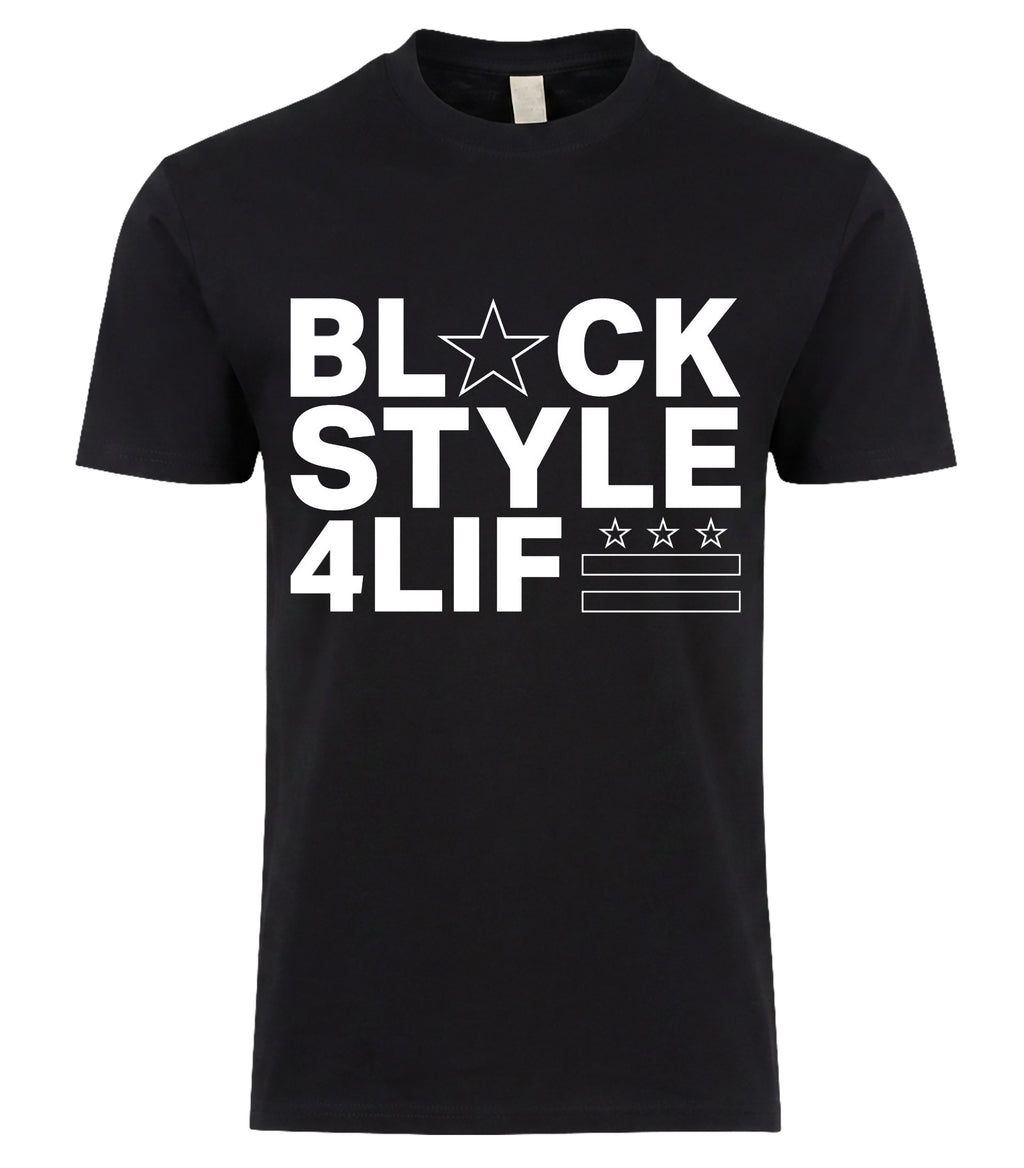 Blackstyle 4 Life Tee - star icon bold white typography with DC flag on black tee, BLACKSTYLE DC