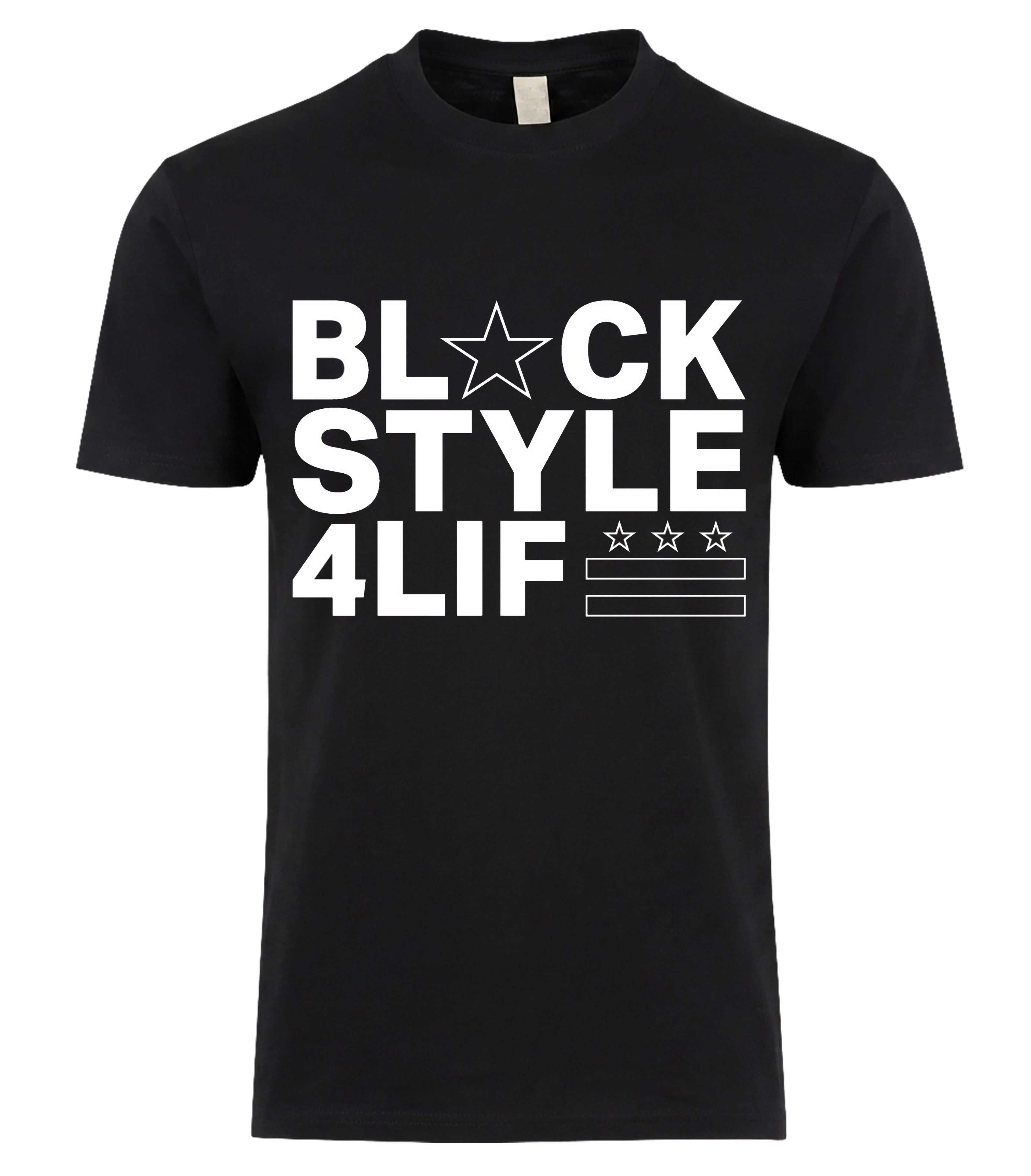 Blackstyle 4 Life Tee - star icon bold white typography with DC flag on black tee, BLACKSTYLE DC