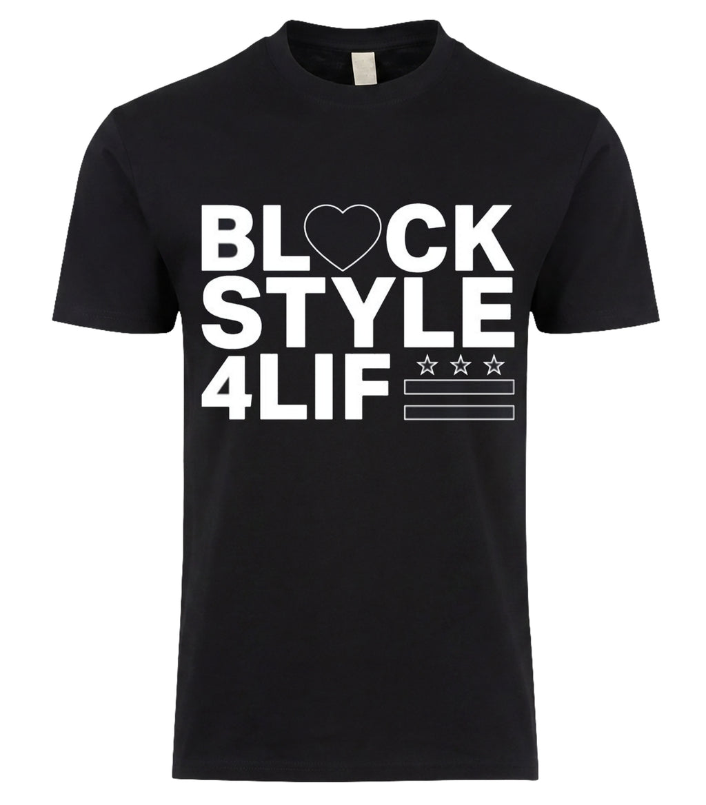 Blackstyle 4 Life Tee - heart icon bold white typography with DC flag on black tee, BLACKSTYLE DC