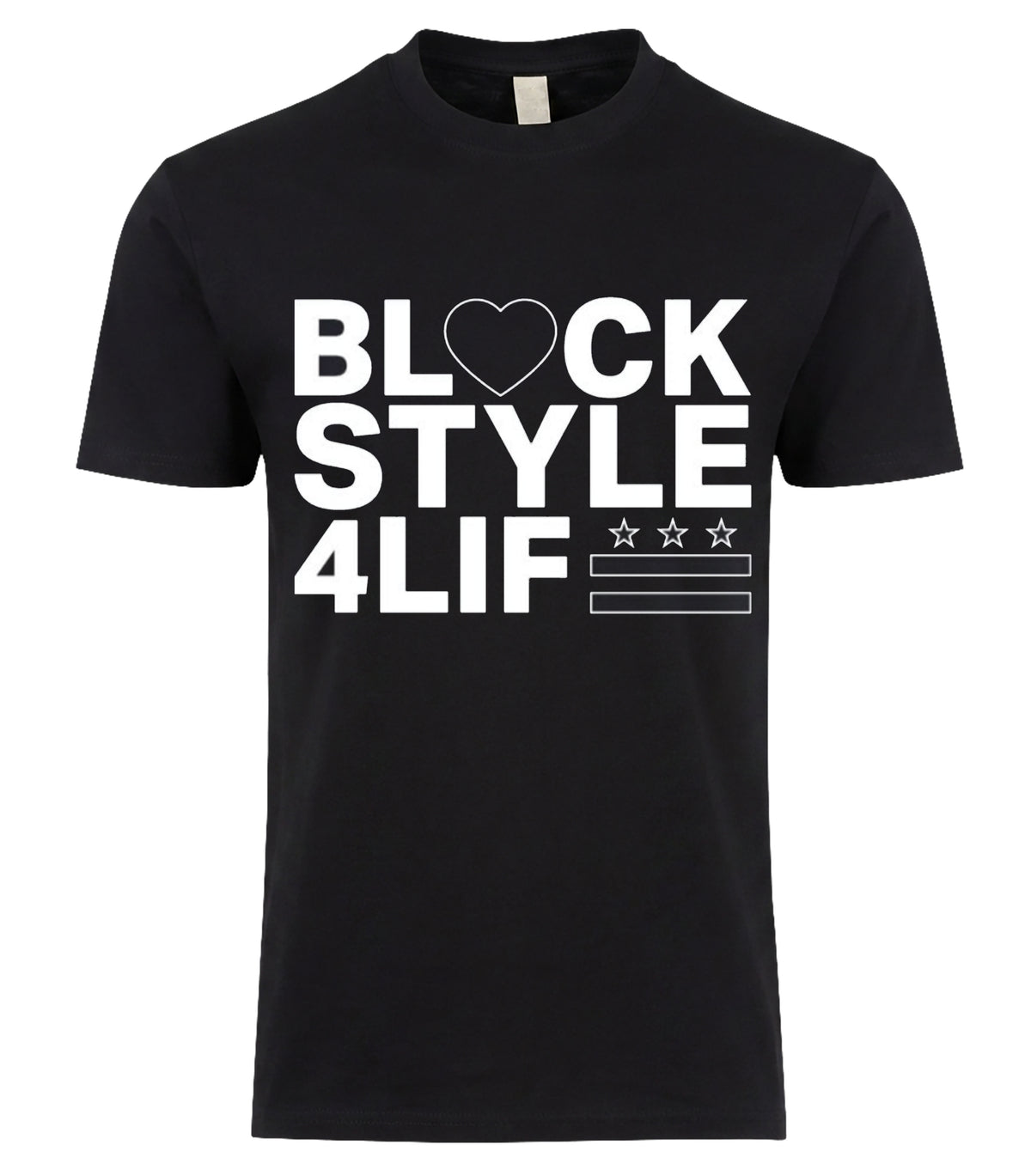 Blackstyle 4 Life Tee - heart icon bold white typography with DC flag on black tee, BLACKSTYLE DC
