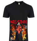 Angels vs Demons Tee - blindfolded figure in flames with money graphic on black tee, BLACKSTYLE DC
