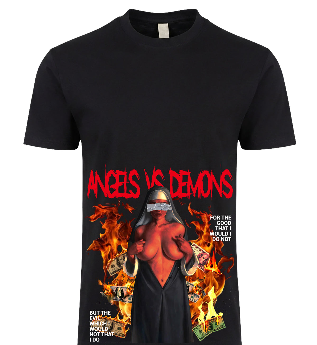Angels vs Demons Tee - blindfolded figure in flames with money graphic on black tee, BLACKSTYLE DC