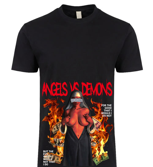 Angels vs Demons Tee - blindfolded figure in flames with money graphic on black tee, BLACKSTYLE DC