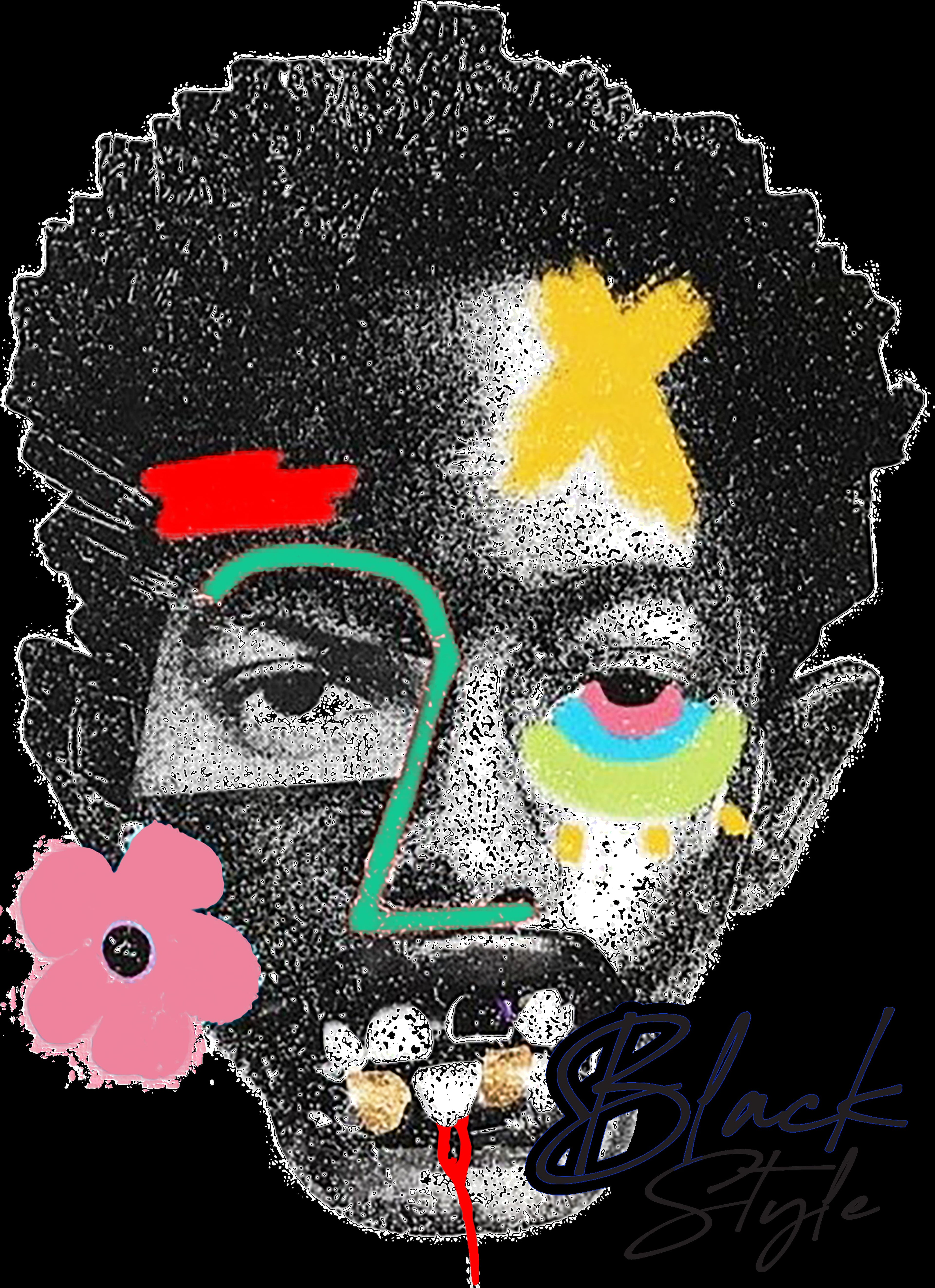 Bold pop-art portrait graphic with colorful paint strokes and BlackStyle signature