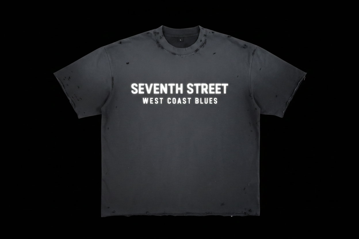 Seventh Street West Coast Blues distressed dark tee on black background