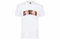White t-shirt with multicolor ELYTSKCALB varsity arch graphic centered on chest