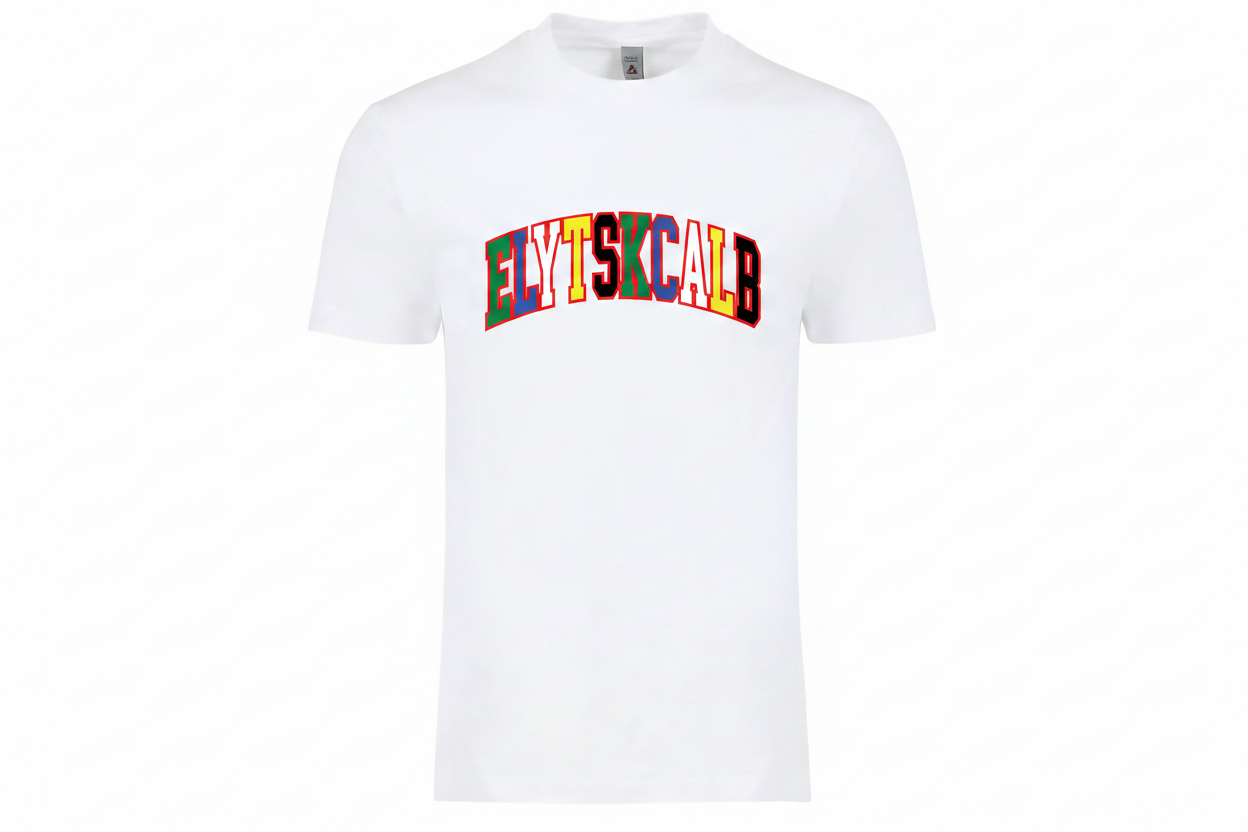 White t-shirt with multicolor ELYTSKCALB varsity arch graphic centered on chest