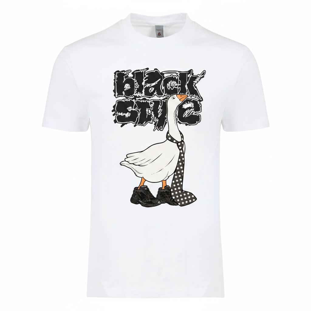 Black Style goose on white tee mockup