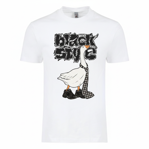 Black Style goose on white tee mockup