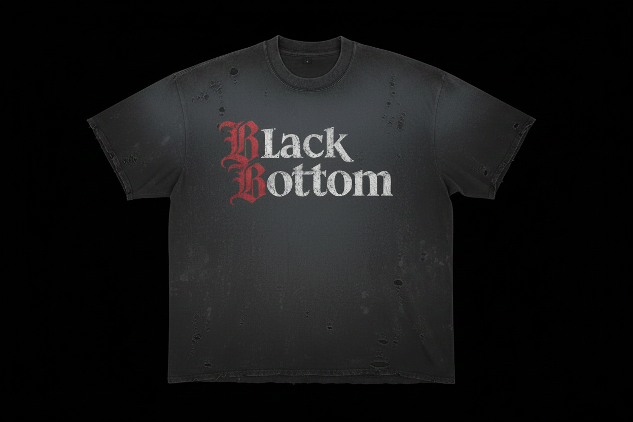 Black Bottom Detroit distressed tee on black background
