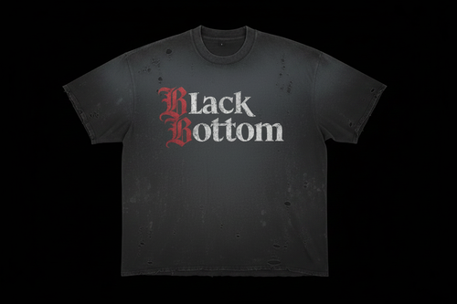 Black Bottom Detroit distressed tee on black background