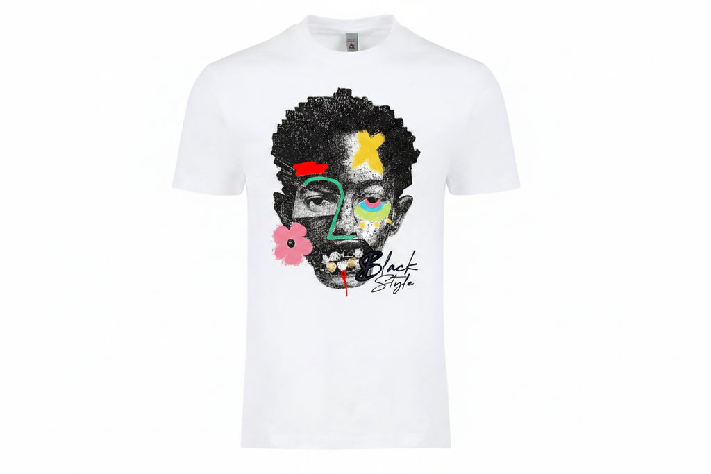 White t-shirt with colorful pop-art portrait graphic centered on chest