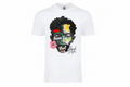 White t-shirt with colorful pop-art portrait graphic centered on chest