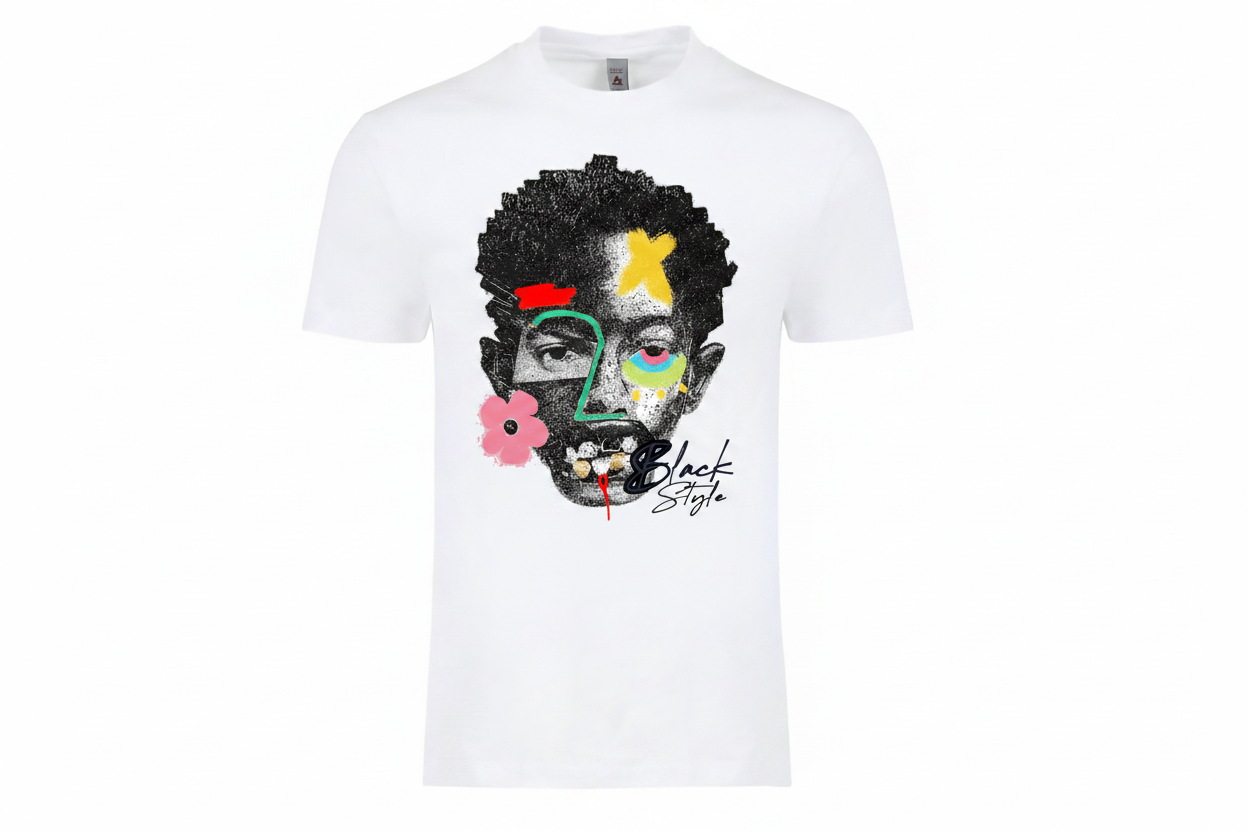 White t-shirt with colorful pop-art portrait graphic centered on chest