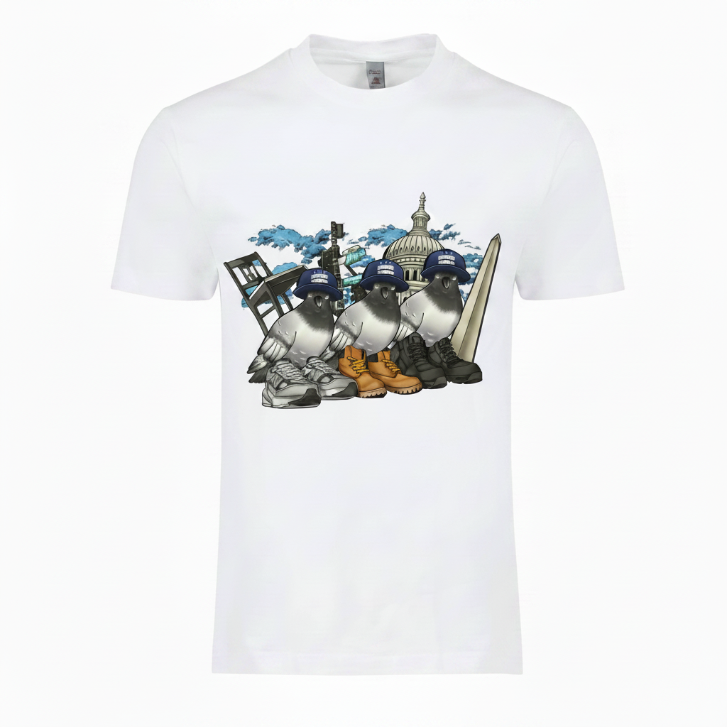 BLACKSTYLE DC No Place Like Home For the Natives Collection white tee with DC pigeons graphic