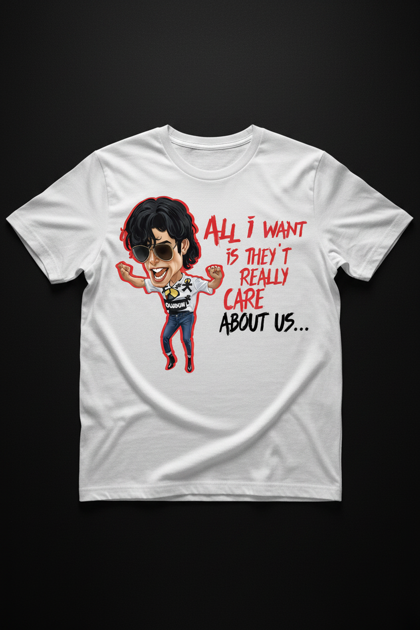 BLACKSTYLE DC Michael Jackson They Don't Care About Us graphic tee on white shirt