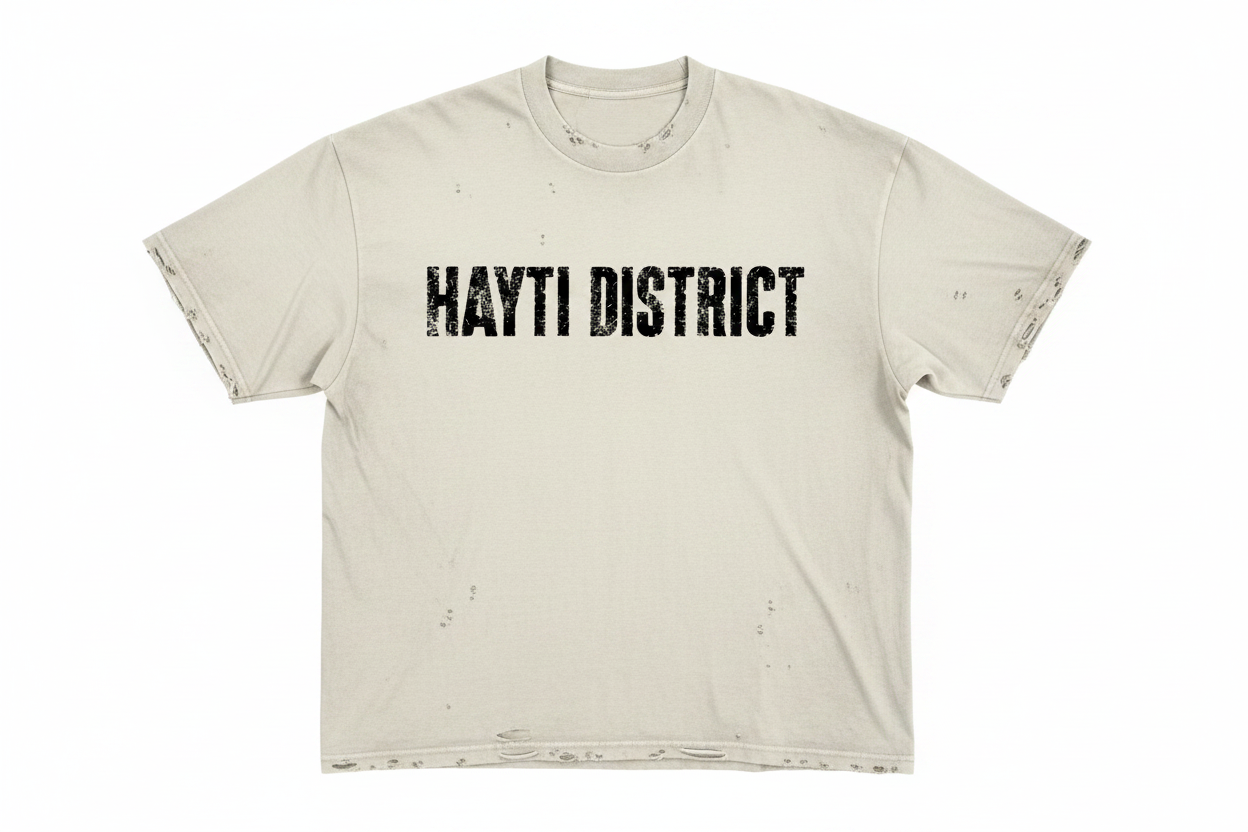 Hayti District distressed white tee on white background
